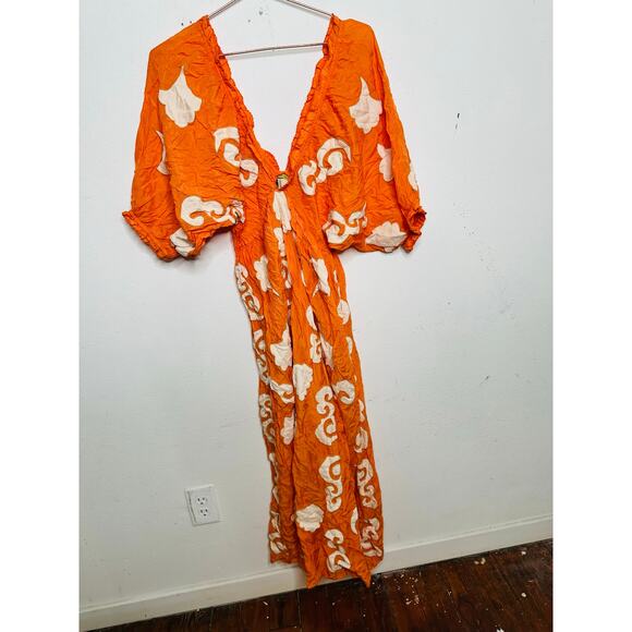 CHUFY Orange White Design Cupro Blend 3/4 Sleeves Lucia Maxi Dress Size Medium - Picture 4 of 16